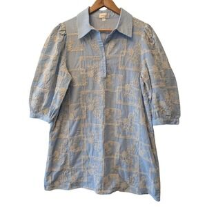 Lovelo Light Blue Embroidered Floral 3/4 Puff Sleeve Shift Dress Large MD50831